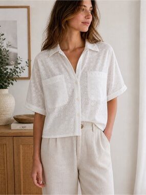 Massimo Alba White Floral Eyelet Cotton Blouse Oversized Button Front Top